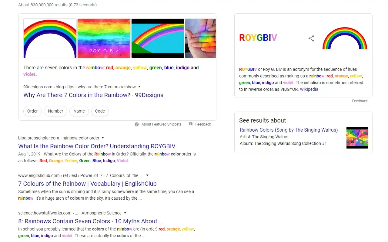 Colorify extension in action, showing color words rendered in their actual colors.